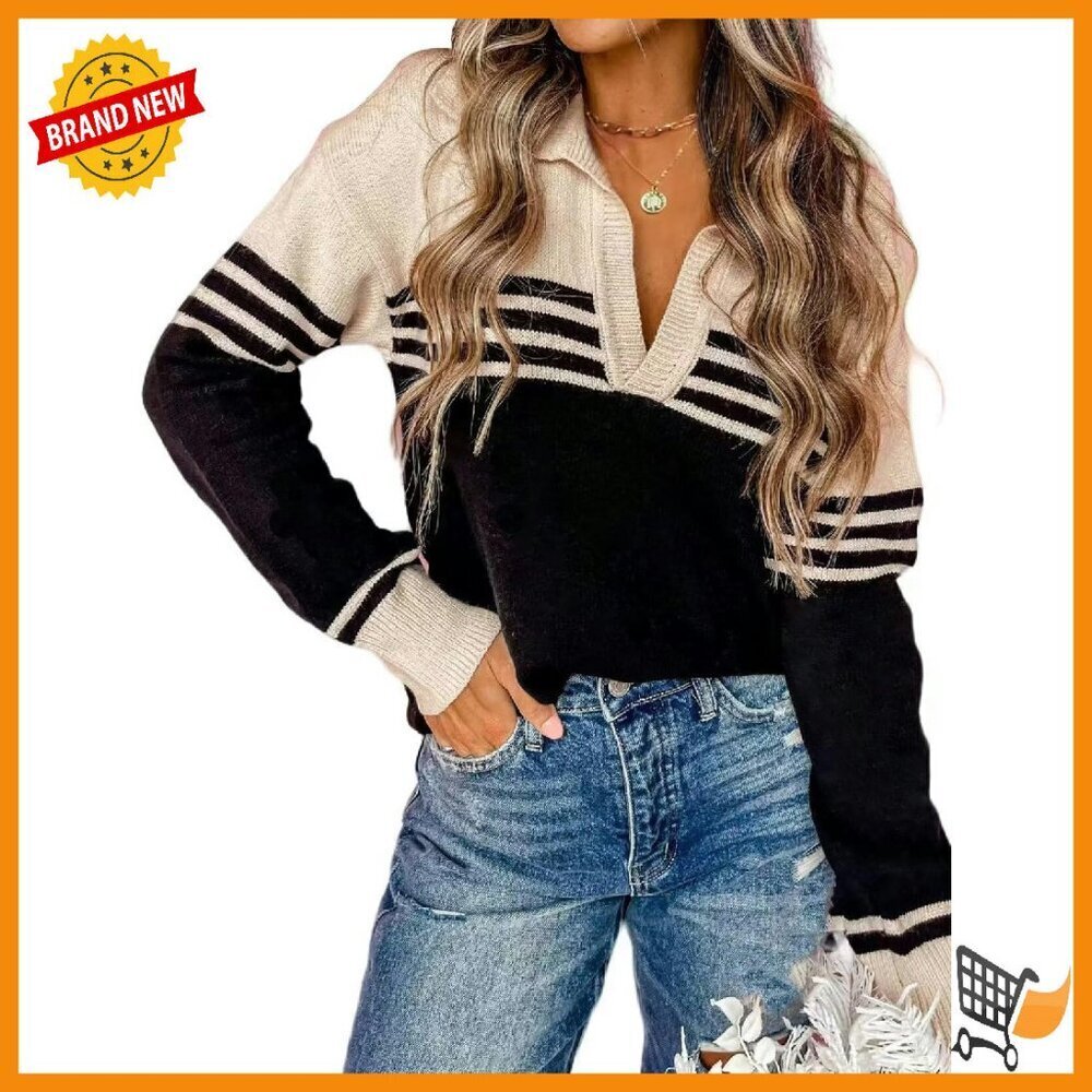 V-Neck Pullover Sweater, 100% Acrylic, Loose Fit, Color Block Stripes